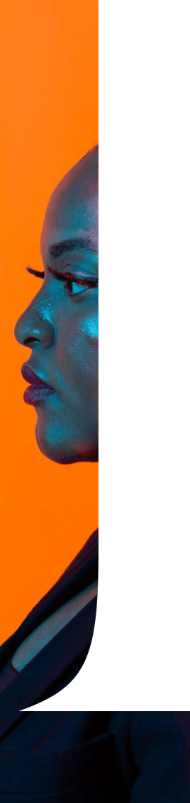 Image of a black woman in profile over a bright orange background. Image is cut into the shame of an uppercase 